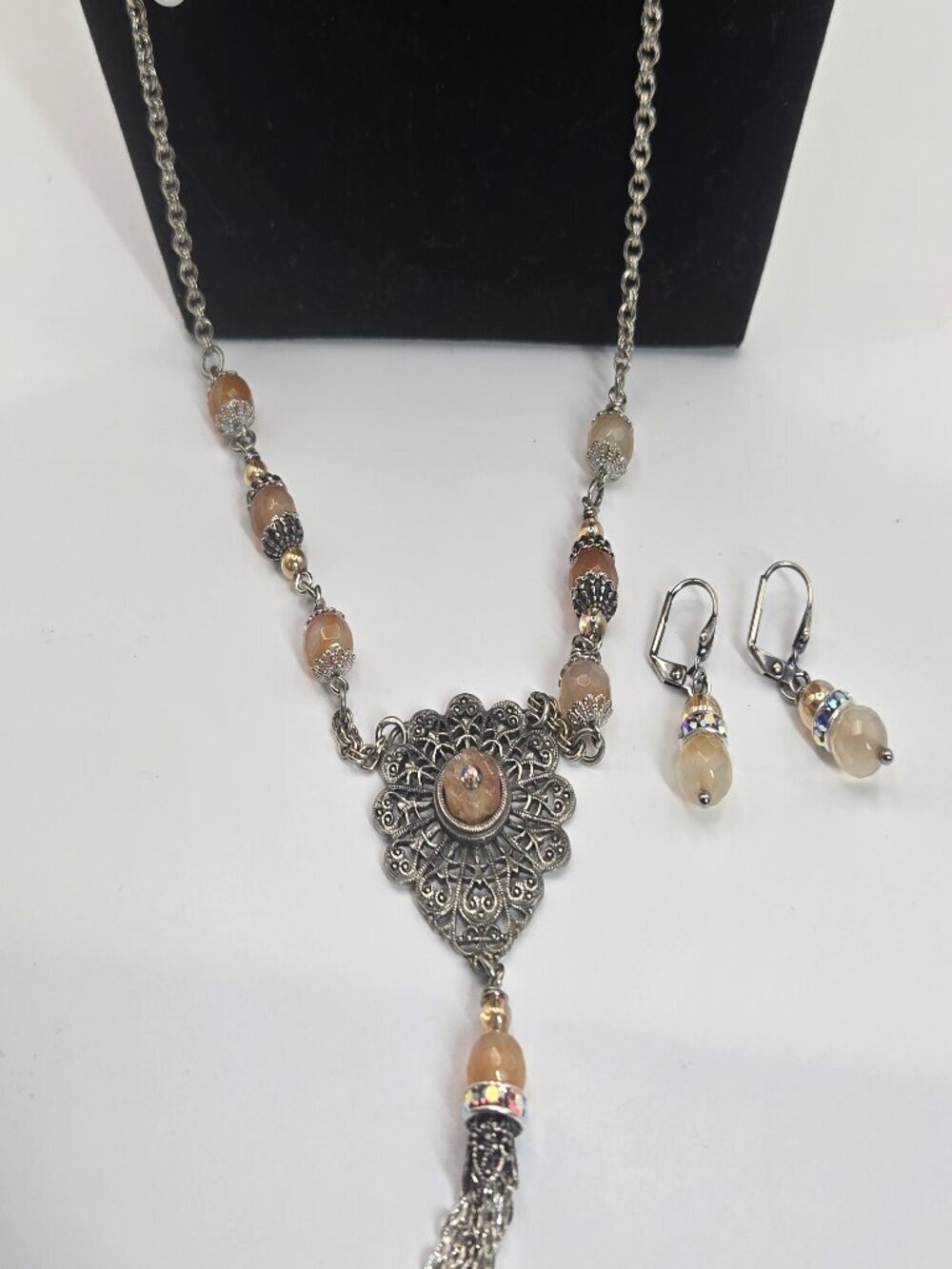 Long Pendant Necklace Amber Tones Silver Chain Floral Beading Handmade Item 53